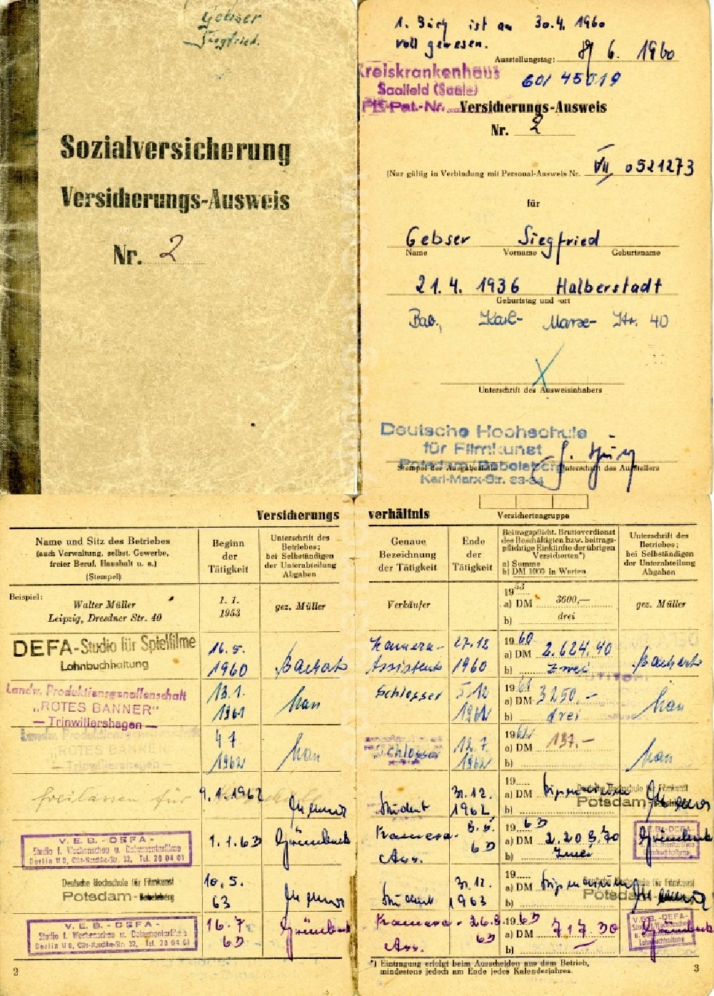 Potsdam: Reproduction Social security card issued in Potsdam in the state Brandenburg on the territory of the former GDR, German Democratic Republic