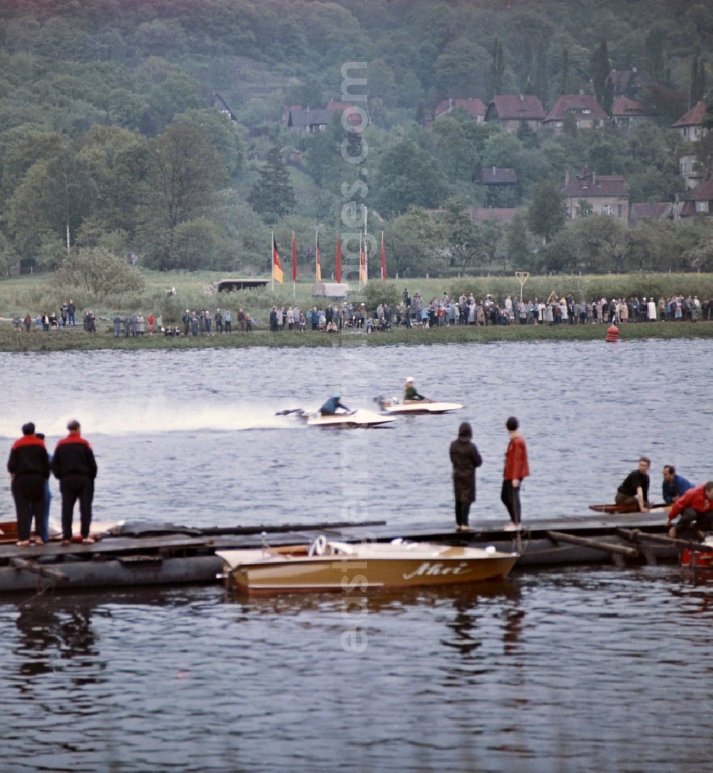 GDR image archive: Dresden - Sportboat in motion on the Elbe river during a motorboat race in Dresden in the state Saxony on the territory of the former GDR, German Democratic Republic