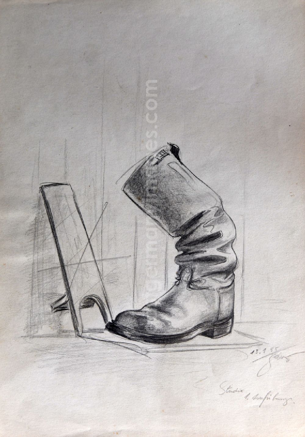 GDR picture archive: Halberstadt - VG picture free work: pencil drawing Boots & Shoe Servants by the artist Siegfried Gebser in Halberstadt in the state Saxony-Anhalt on the territory of the former GDR, German Democratic Republic