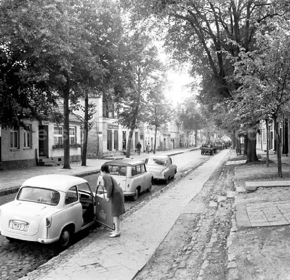 GDR photo archive: Dargun - Straßenansicht, Frau steht vor offener Tür von geparktem Auto / Trabant / Trabi. Autos der Marke AWZ P7