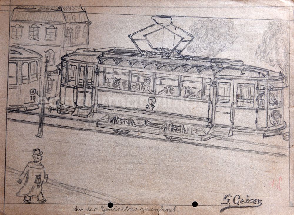 Halberstadt: VG picture free work: pencil drawing Tram in motion by the artist Siegfried Gebser in Halberstadt in the state Saxony-Anhalt on the territory of the former GDR, German Democratic Republic