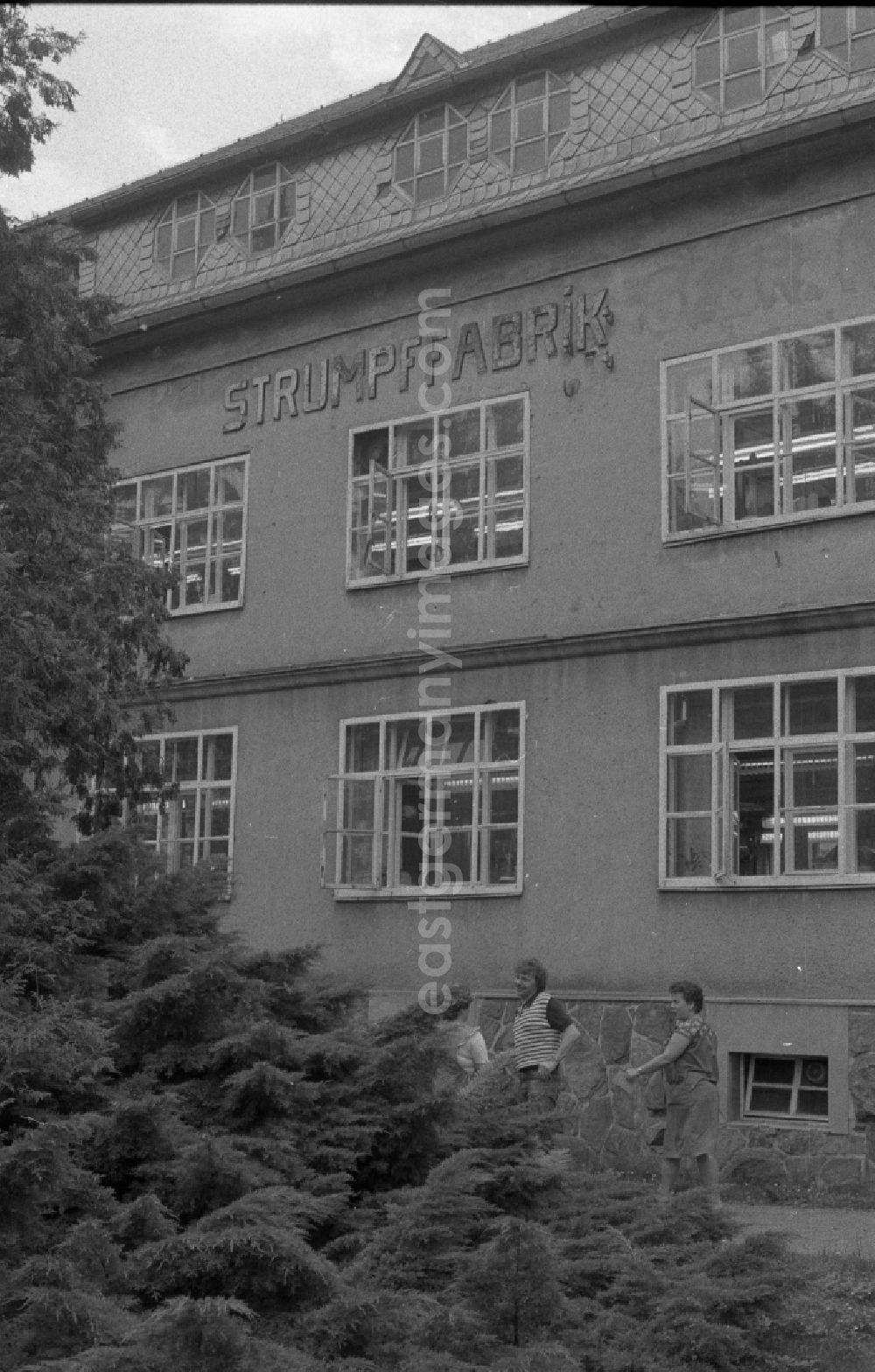 GDR photo archive: Thalheim - Outside - facade of the women's company of the stocking factory for the production of nylon - women's stockings as VEB fine stockings Esda in Thalheim in the Ore Mountains in the state of Saxony on the territory of the former GDR, German Democratic Republic