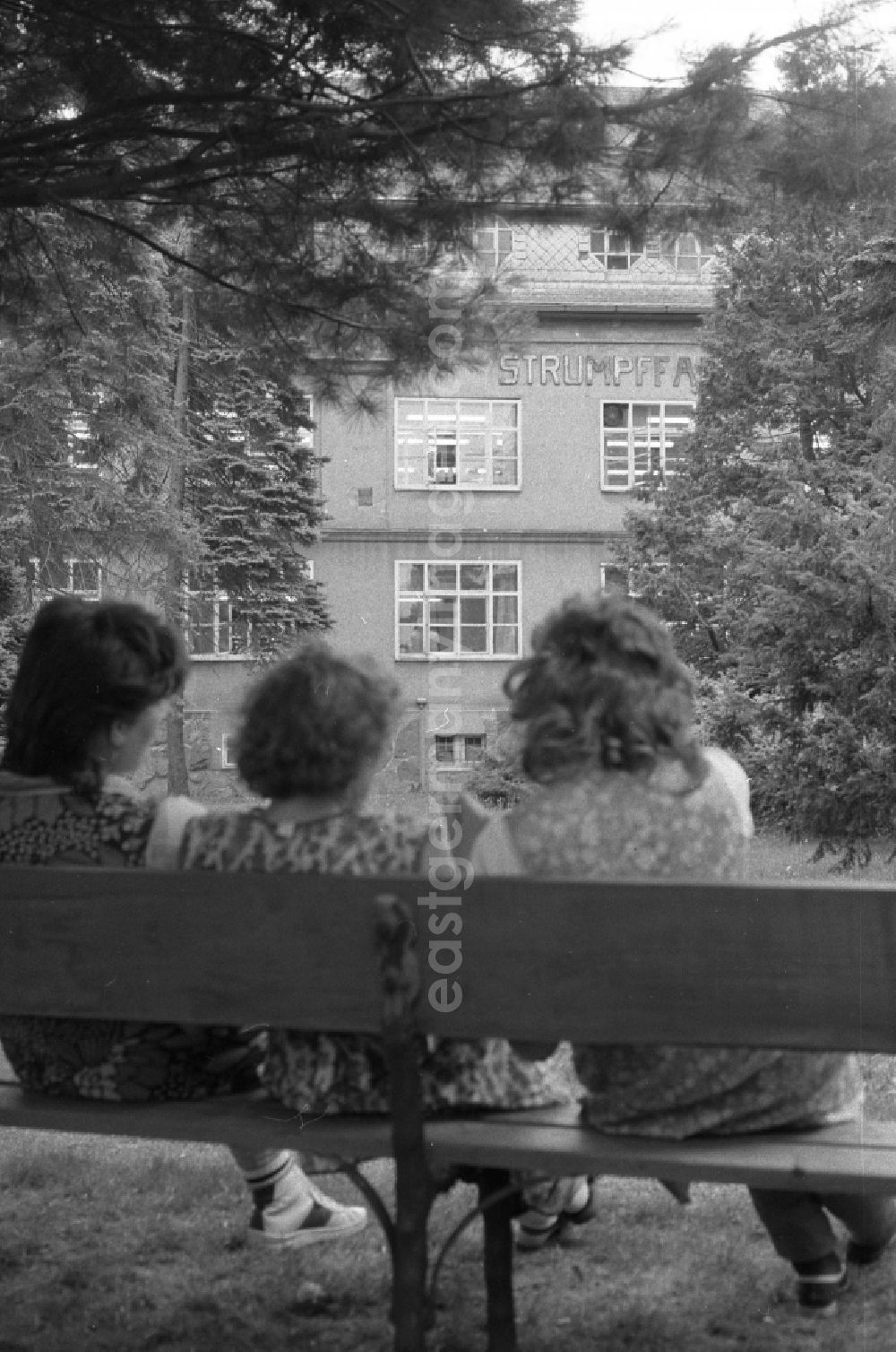 GDR picture archive: Thalheim - Outside - facade of the women's company of the stocking factory for the production of nylon - women's stockings as VEB fine stockings Esda in Thalheim in the Ore Mountains in the state of Saxony on the territory of the former GDR, German Democratic Republic