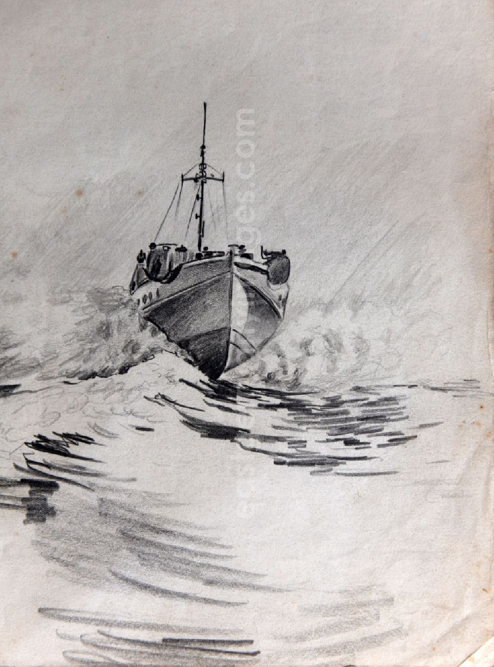 GDR photo archive: Stralsund - VG picture free work: pencil drawing Torpedo speedboat of the People's Navy on the Baltic Sea by the artist Siegfried Gebser in Stralsund in the state Mecklenburg-Western Pomerania on the territory of the former GDR, German Democratic Republic