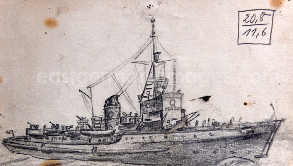 Stralsund: VG picture free work: pencil drawing Torpedo speedboat of the People's Navy on the Baltic Sea by the artist Siegfried Gebser in Stralsund in the state Mecklenburg-Western Pomerania on the territory of the former GDR, German Democratic Republic