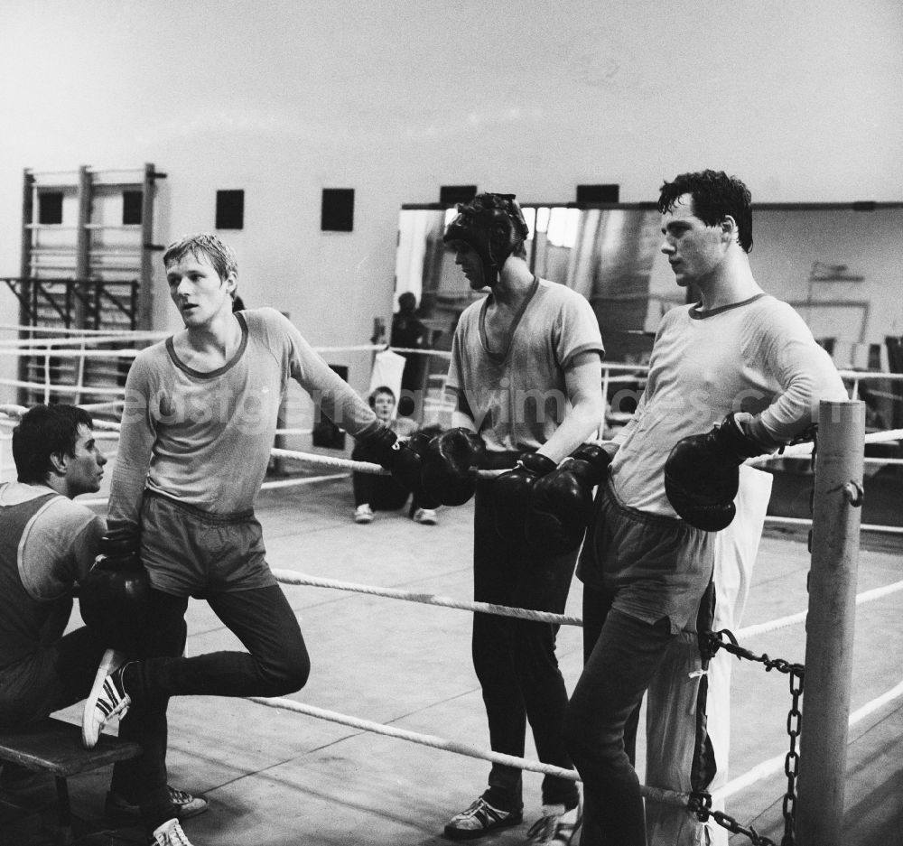 GDR image archive: Frankfurt/Oder - Training break at the boxers, Henry Maske, Hartmut Krüger, Torsten Koch, Michael Stachewitz and Ingo Benske, from ASK Vorwärt Frankfurt / Oder on the boxing ring
