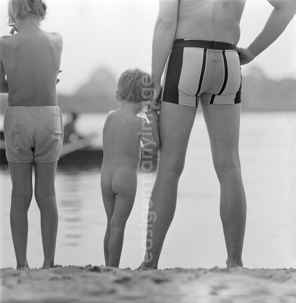 GDR image archive: Wachow - Father with son by the hand standing on the shore and water area of ??Lake Riewendsee with bathers in Wachow, Brandenburg in the area of ??the former GDR, German Democratic Republic