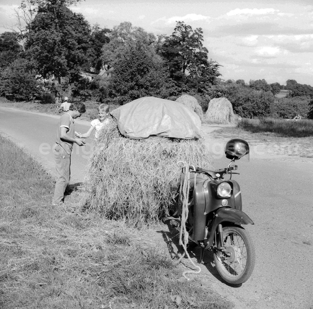 GDR photo archive: Schwerin - A father with his son advance on a motorcycle, the brand Swallow with follower, hay in Schwerin in the federal state Mecklenburg-West Pomerania in the area of the former GDR, German democratic republic