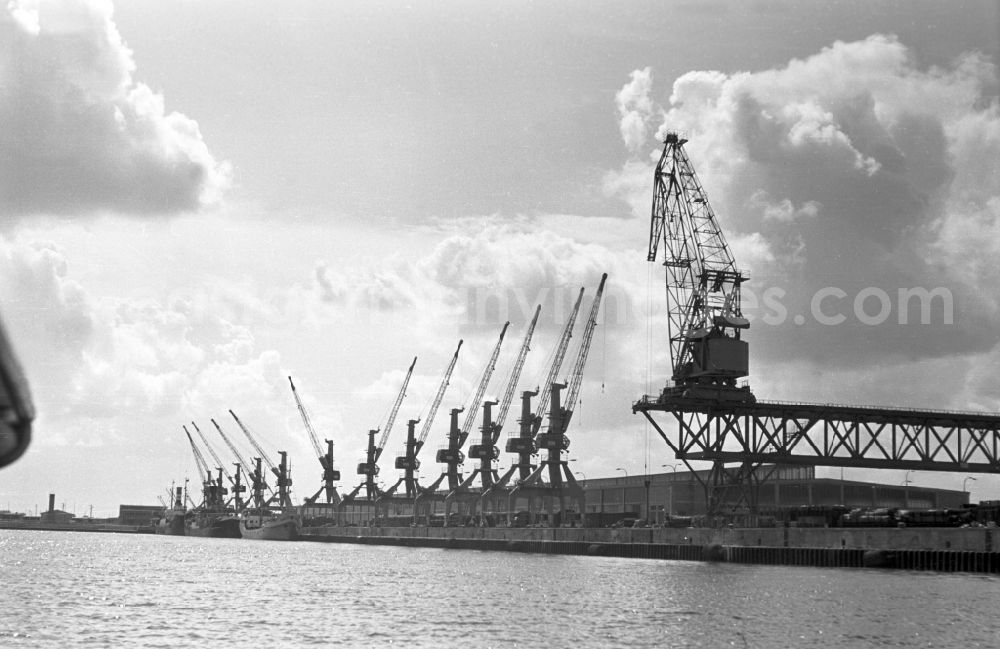 GDR photo archive: Rostock - Loading cranes in the seaport of Rostock in Mecklenburg - Western Pomerania. By the division of Germany resulted in the need to build on the Baltic coast of East Germany a seaport. The new port was opened on 30 April 196