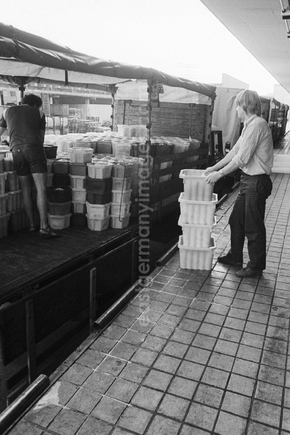 GDR image archive: Berlin - Employees of the milk court VEB Berlin load in the loading ramp pickup van with milk products in Berlin, the former capital of the GDR, German democratic republic