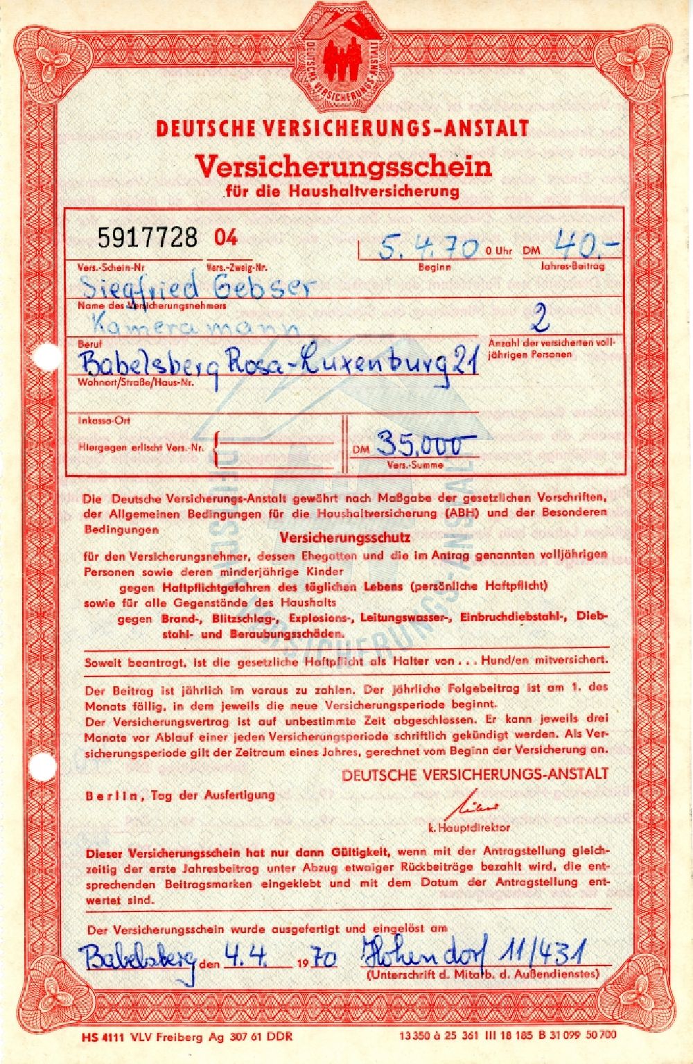 GDR photo archive: Potsdam - Reproduction Versicherungsschein fuer die Haushaltsversicherung issued in the district Babelsberg in Potsdam in the state Brandenburg on the territory of the former GDR, German Democratic Republic
