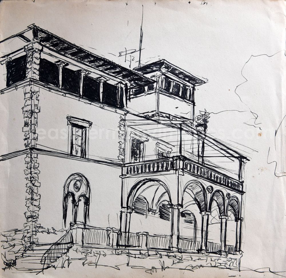 GDR photo archive: Potsdam - VG image free work: ink drawing Villa Sarre by the artist Siegfried Gebser in the district Babelsberg in Potsdam in the state Brandenburg on the territory of the former GDR, German Democratic Republic