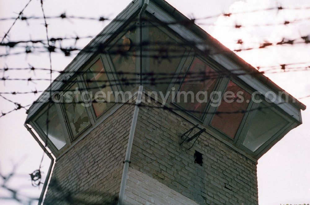 GDR image archive: Berlin - Watchtower with barbed wire at the site of the former prison Rummelsburg in Berlin, the former capital of the GDR, German Democratic Republic. The facility was used as a detention facility in the police. It offered space for up to 90