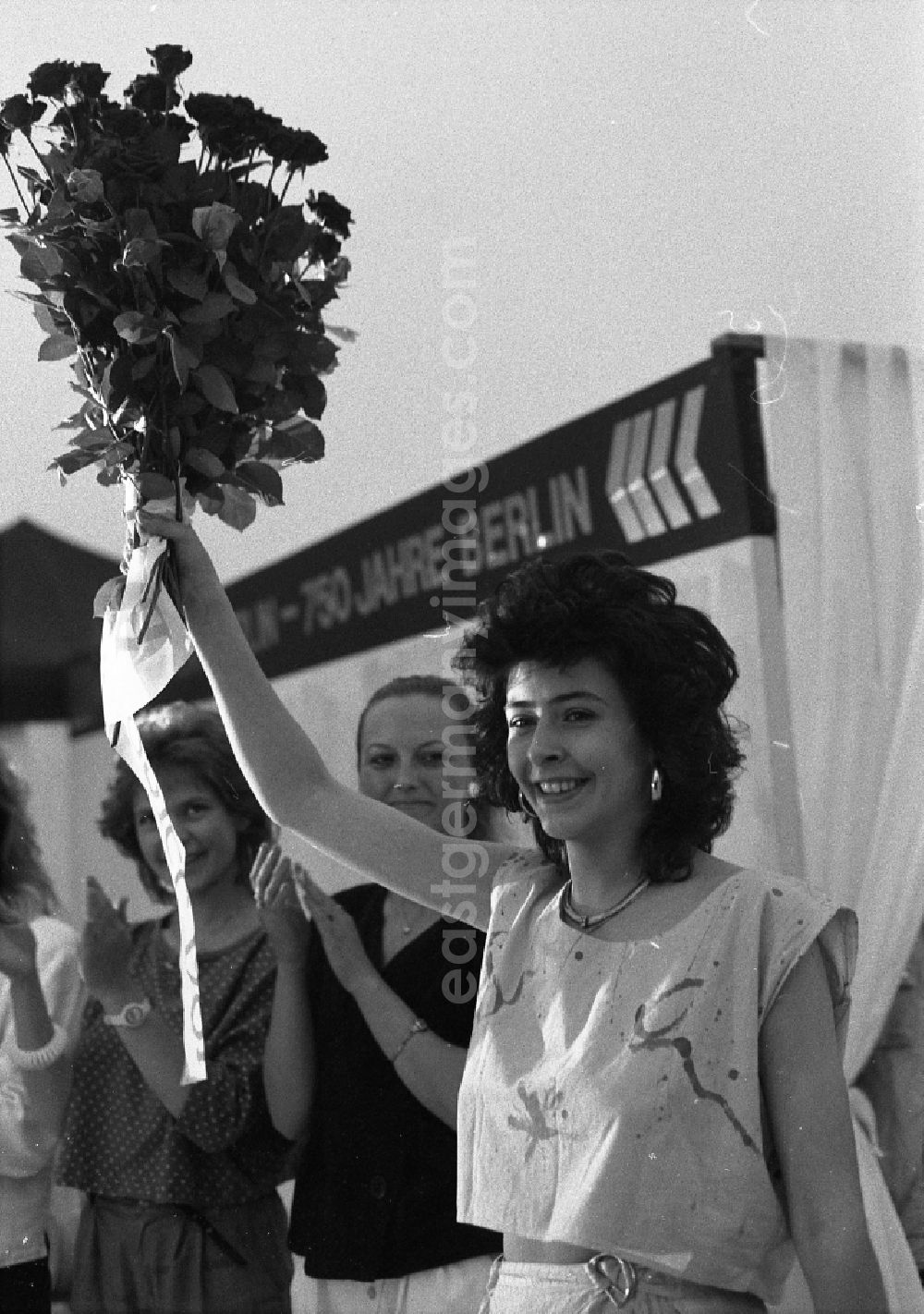GDR image archive: Berlin - Cornelia Franzke is happy about the election to the Marzahn Spring Festival in Berlin East Berlin on the territory of the former GDR, German Democratic Republic. The 18-year-old skilled worker for data processing at VEB Maschinenhandel prevailed in May 1987 among nine applicants from all over East Berlin for the Miss election