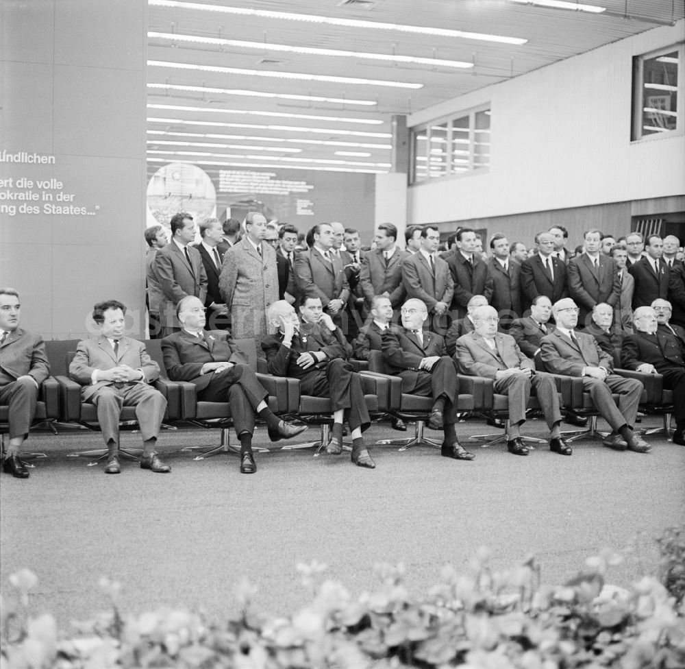 GDR photo archive: Berlin - Hermann Axen (2. from the left), Secretary of the Central Committee for International Relations; Willi Stoph (2. from the right), Chairman of the Council of Ministers and Deputy Chairman of the State Council; Walter Ulbricht (1st from the right), First Secretary of the Central Committee of the SED Central Committee Socialist Unity Party and Chairman of the State Council, and other members of the Politburo during the opening of the Academy of Marxist-Leninist Organizational Science and the Information and Training Center for Industry and Construction in Wuhlheide in Berlin, the former capital of the GDR, German Democratic Republic