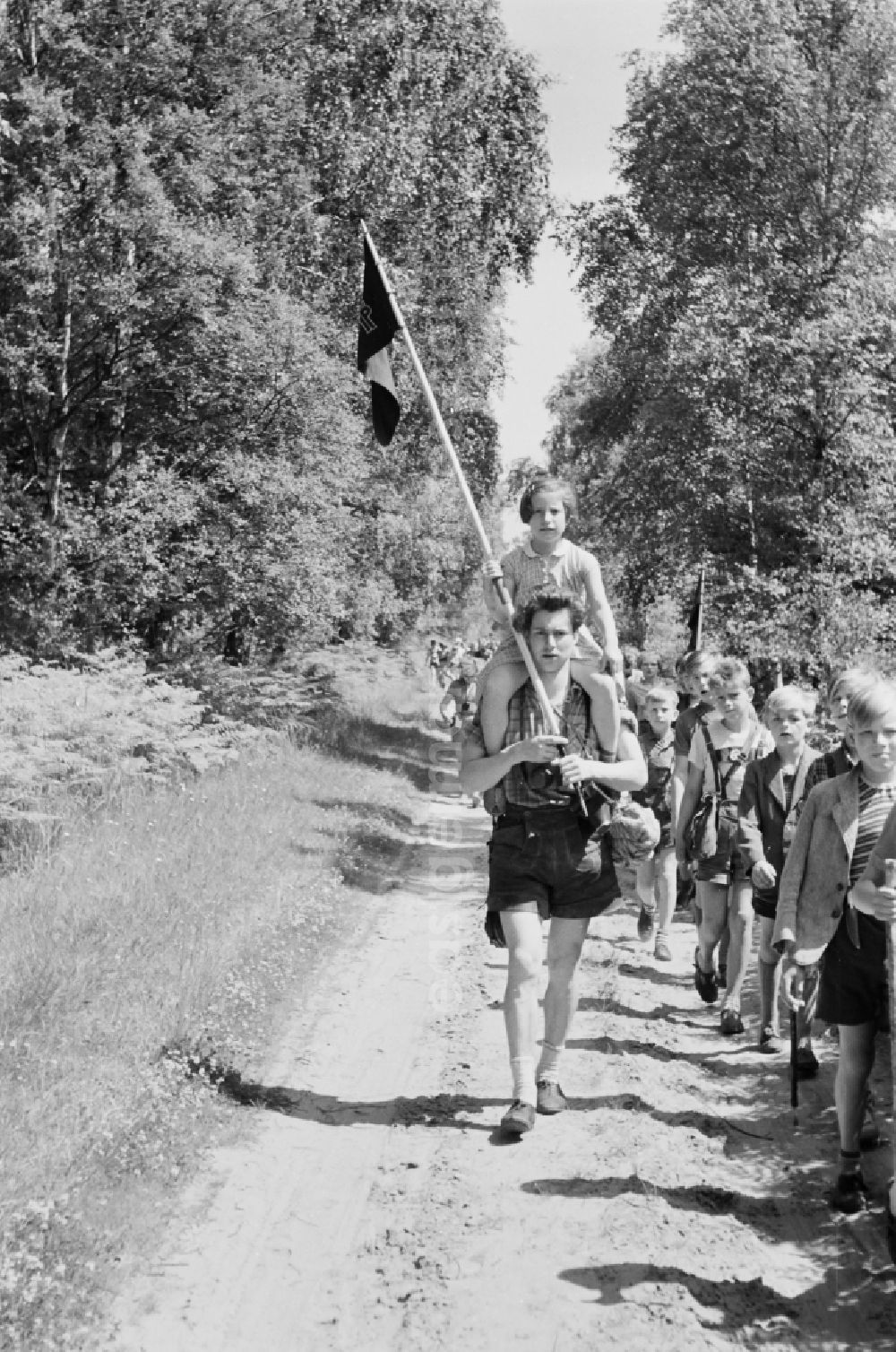 GDR photo archive: Prerow - Group of children and teenagers hiking with the pennant youth organization's pennant in Prerow in the state Mecklenburg-Western Pomerania on the territory of the former GDR, German Democratic Republic