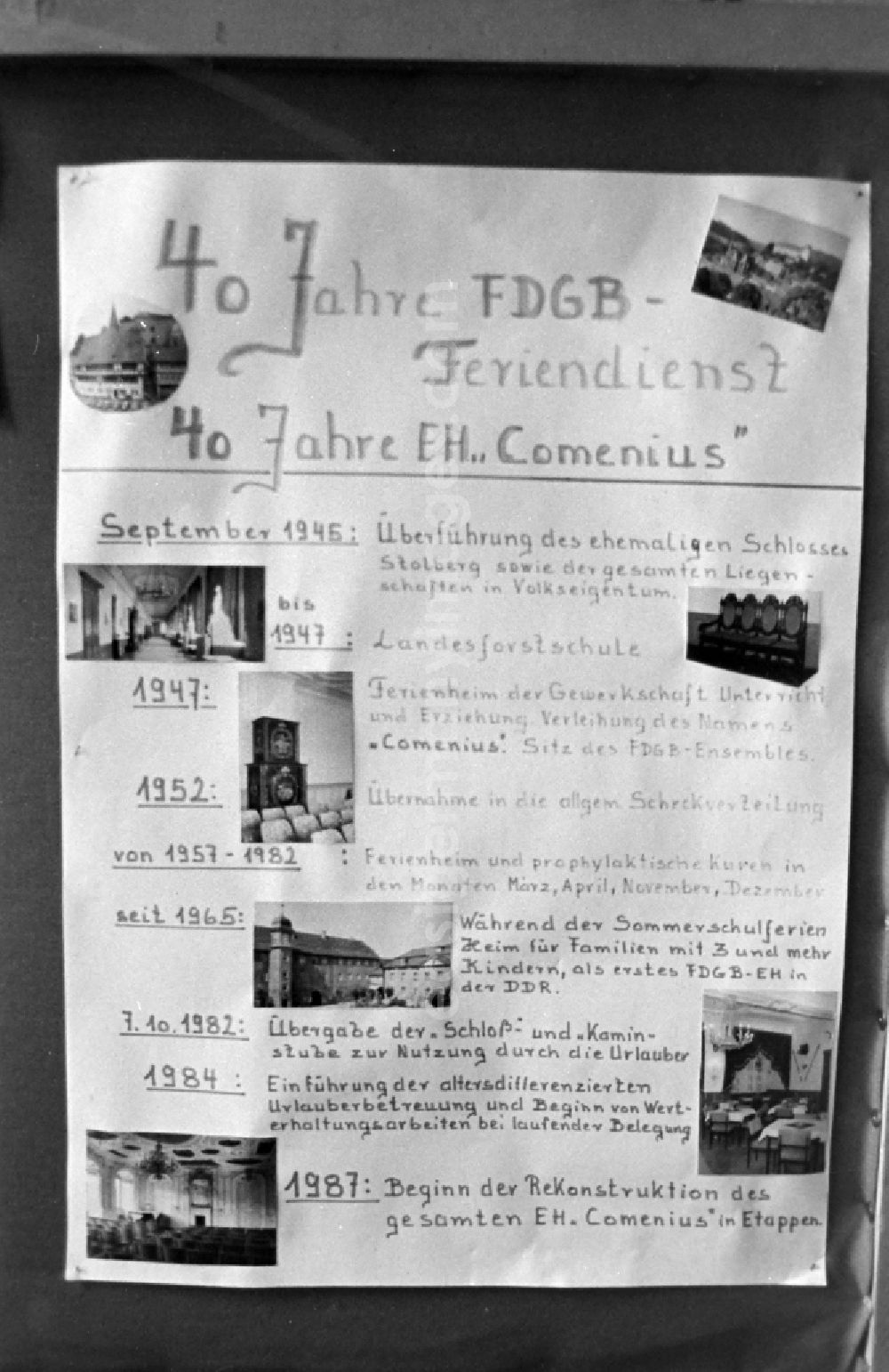 GDR picture archive: Stolberg (Harz) - Wall newspaper in and about the FDGB holiday home Comenius in the castle in Stolberg (Harz) in the federal state of Saxony-Anhalt in the territory of the former GDR, German Democratic Republic
