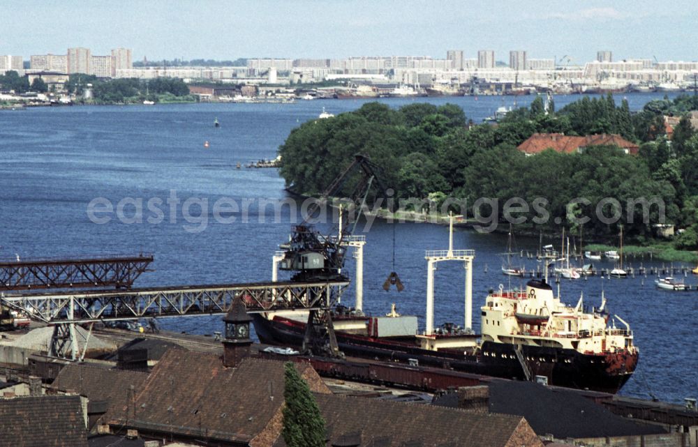 GDR image archive: Rostock - View from the Haus der Schiffahrt over the riverside Warnowufer at the estuary Unterwarnow in the federal state of Mecklenburg-Western Pomerania in the territory of the former GDR, German Democratic Republic