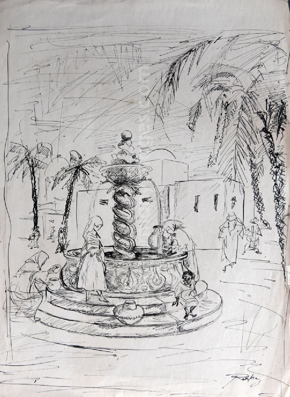GDR image archive: Samarqand - VG image free work: ink drawing Water fountain at the market by the artist Siegfried Gebser in Samarqand in Usbekistan