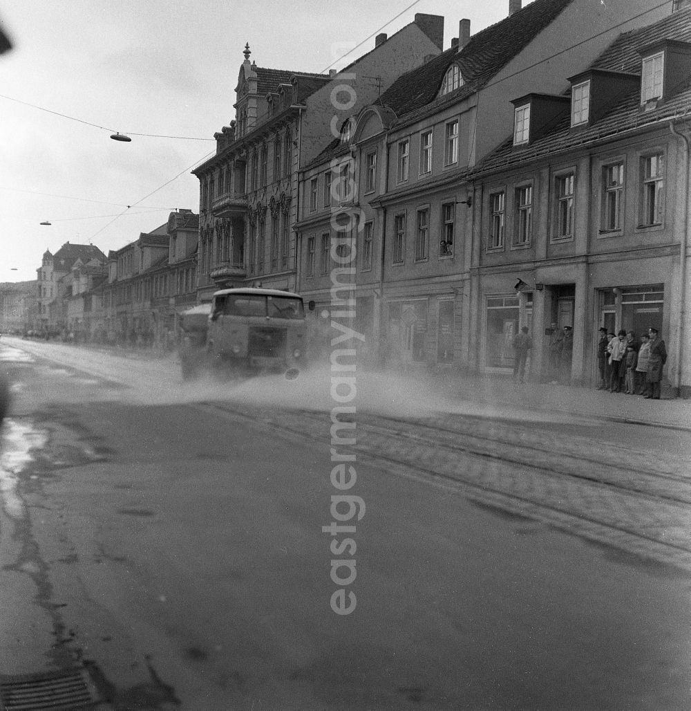 GDR photo archive: Potsdam - Water truck truck Skoda Liaz MTS 24 during the street cleaning of Friedrich-Ebert-Strasse in the district Innenstadt in Potsdam in the state Brandenburg in the area of the former GDR, German Democratic Republic