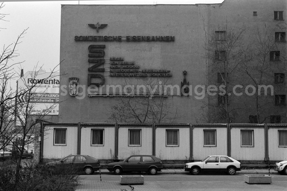 Berlin: Advertisement for Soviet Railways SZD Travel from Berlin to Moscow is located on a building in the Johannisstrasse in Berlin - Mitte, the former capital of the GDR, German Democratic Republic