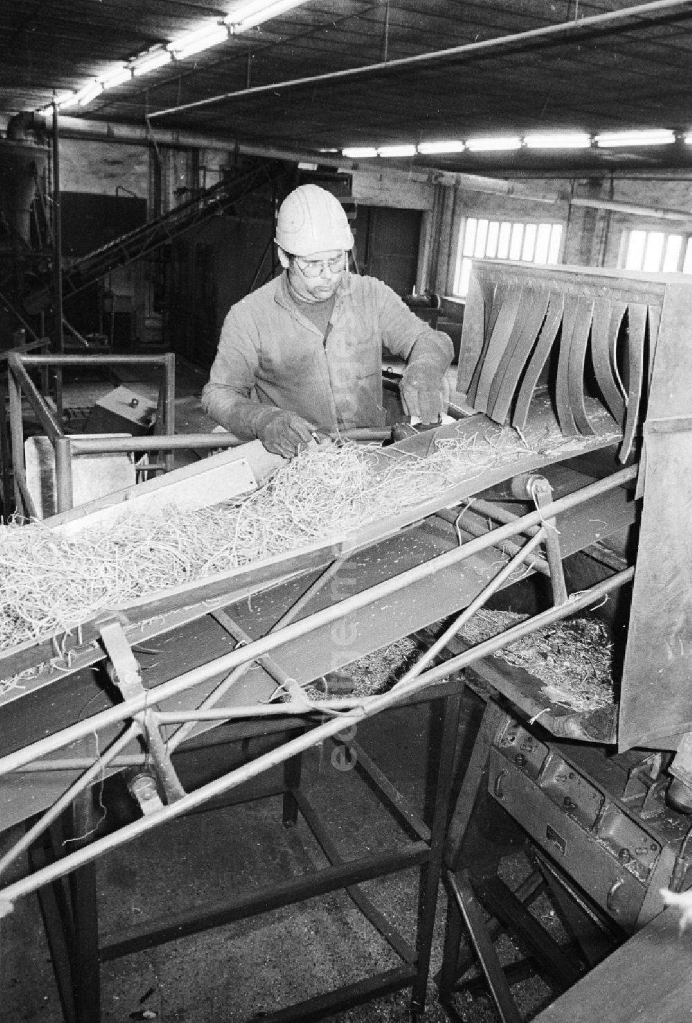 GDR photo archive: Berlin - Valuable material separation in the combine VEB secondary raw material capture (SERO) in Berlin, the former capital of the GDR, German democratic republic. An employee separates valuable metals about a conveyor belt run