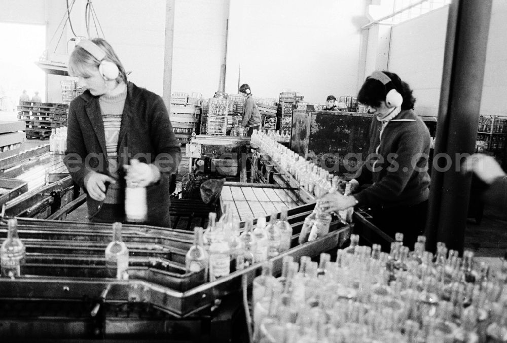 GDR image archive: Berlin - Valuable material separation in the combine VEB secondary raw material capture (SERO) in Berlin, the former capital of the GDR, German democratic republic. Employees sort here old glass bottles about a conveyor belt run. After the turn the Alba daughter Abfallwirtschaftsunion (AWU) took over the company in meal village