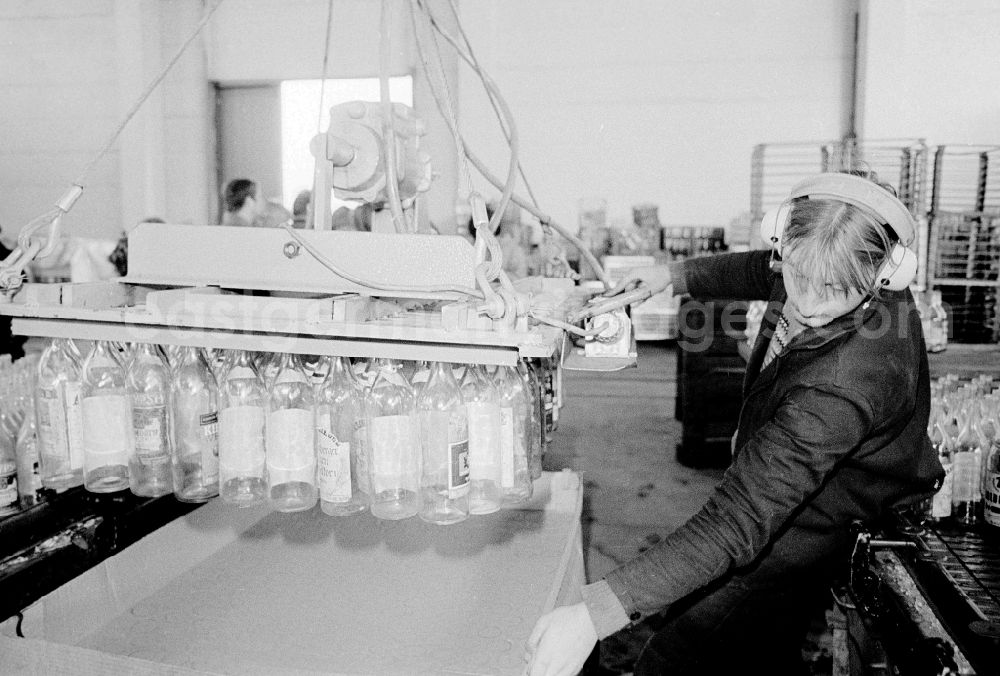 GDR picture archive: Berlin - Valuable material separation in the combine VEB secondary raw material capture (SERO) in Berlin, the former capital of the GDR, German democratic republic. An employee sorts here old glass bottles. After the turn the Alba daughter Abfallwirtschaftsunion (AWU) took over the company in meal village