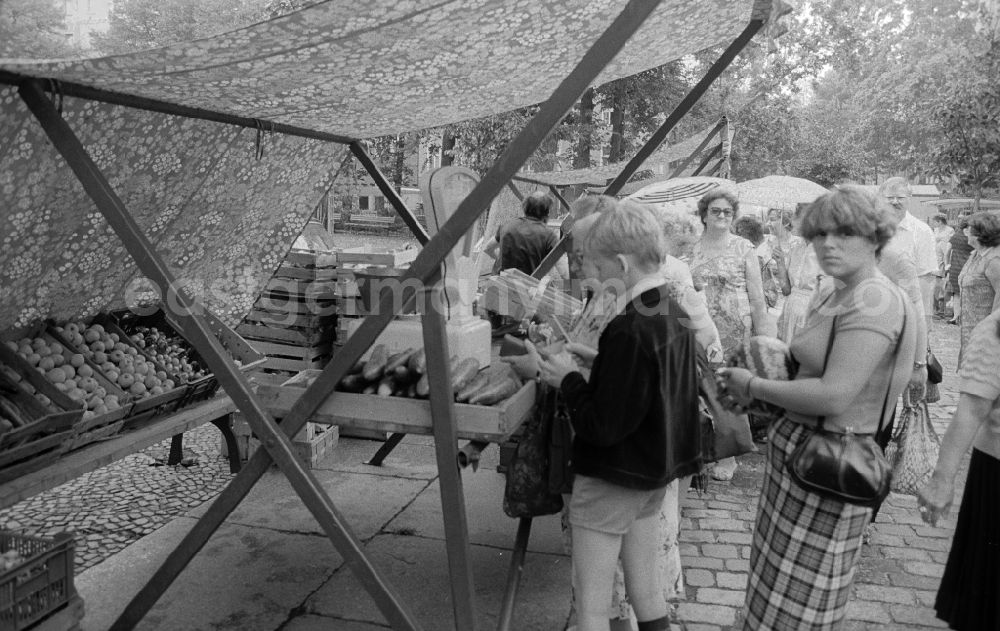 GDR photo archive: Berlin - Customers in a fruit state and vegetable state at the weekly market on the place Askona in Berlin, the former capital of the GDR, German democratic republic