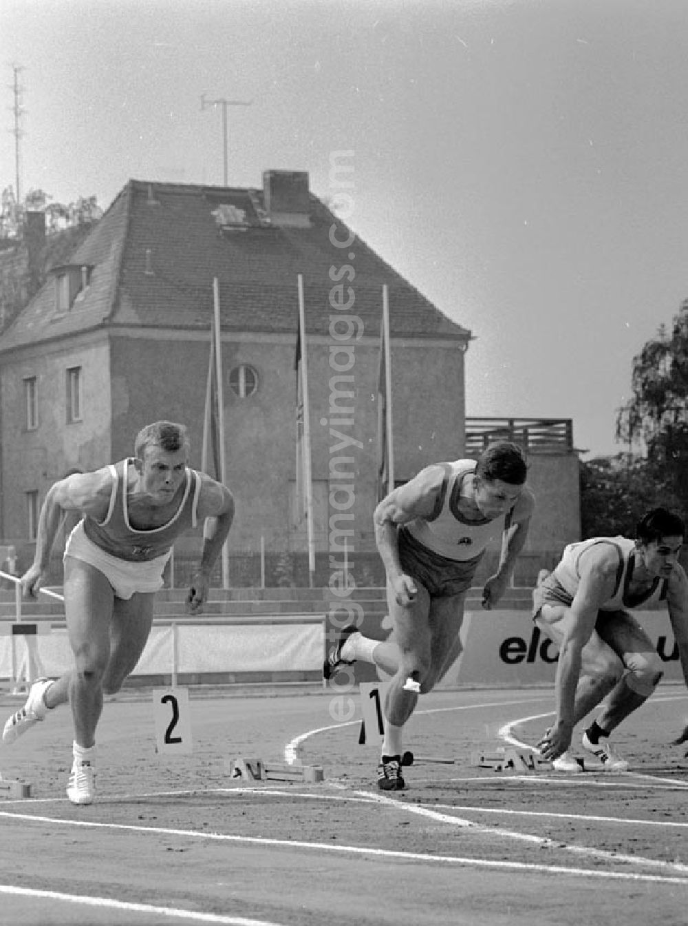 GDR picture archive: Halle - 27.-30.07.1967 XX. Leichtathletik Meisterschaft Halle 100m v.li.n.re. Max Klauß, Herbert Wessel, Rolf Langer (1