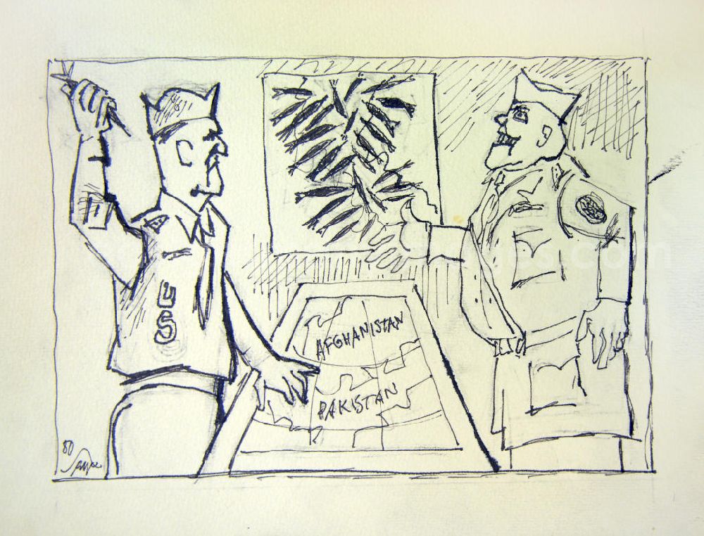 GDR picture archive: Berlin - Zeichnung von Herbert Sandberg Afghanistan/Pakistan aus dem Jahr 1980, 26,5x18,