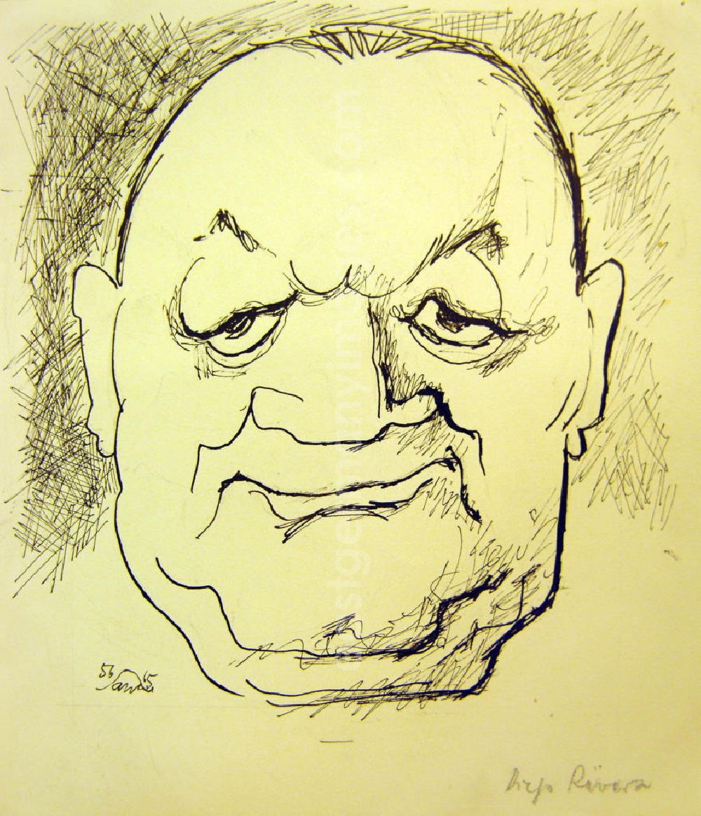 GDR picture archive: Berlin - Zeichnung von Herbert Sandberg Diego Rivera aus dem Jahr 1956/65, 22,0x22,0cm Feder, handsigniert. Diego María Rivera (*