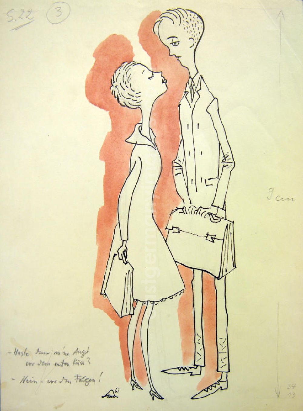 GDR picture archive: Berlin - Zeichnung von Herbert Sandberg Der erste Kuss aus dem Jahr 1961, 13,5x35,