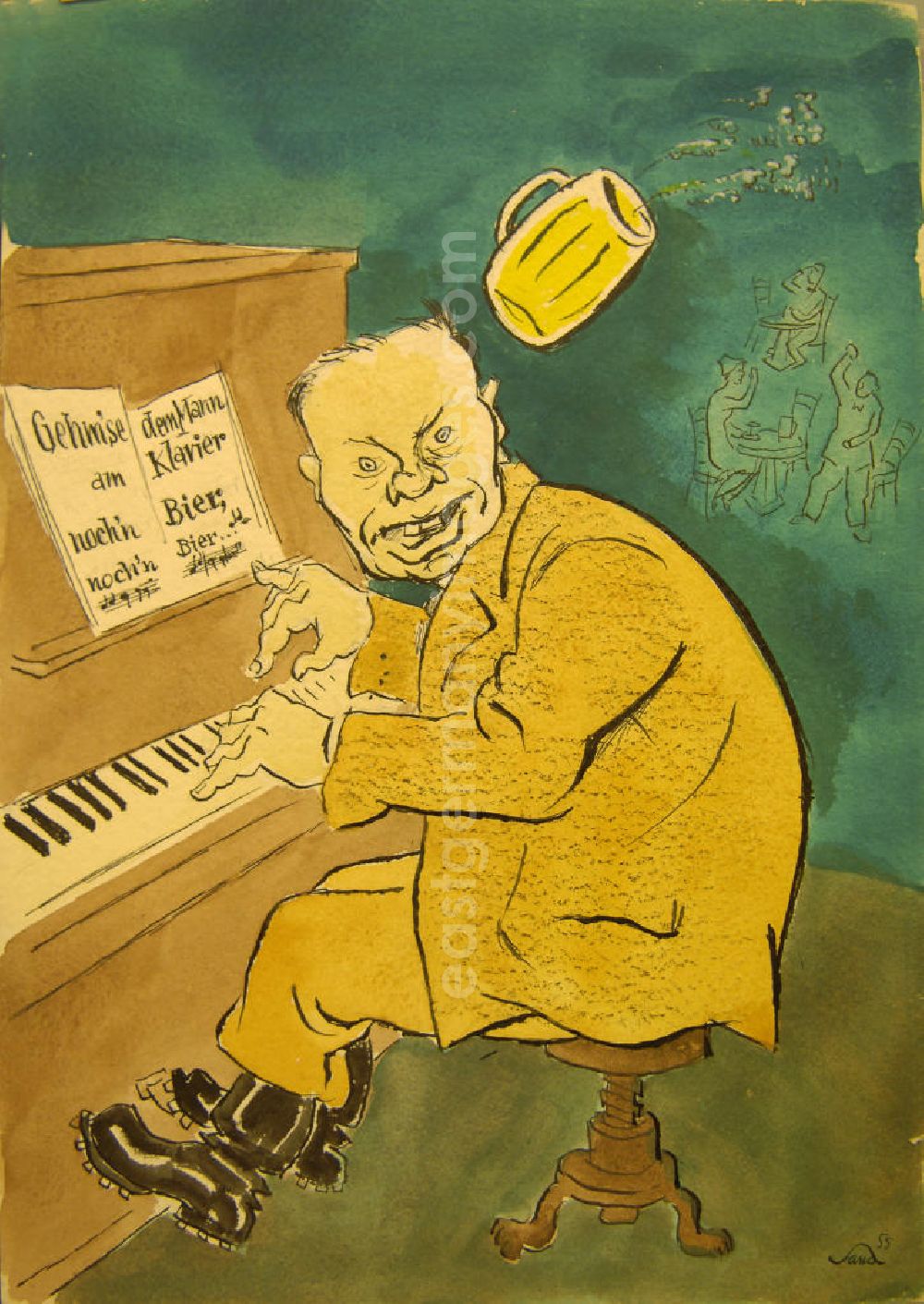 Berlin: Zeichnung von Herbert Sandberg Gehm'se dem Mann am Klavier noch'n Bier, noch'n Bier... aus dem Jahr 1955, 24,