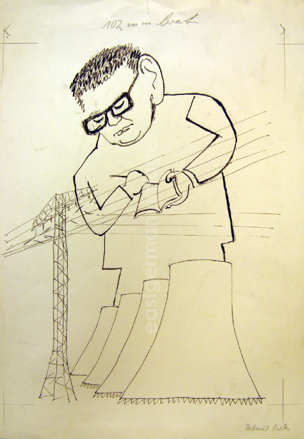 GDR picture archive: Berlin - Zeichnung von Herbert Sandberg Helmut Richter 27,5x35,5cm Feder. Eine Person mit Brille hält in der rechten Hand ein Buch und in der linken einen Stift, er steht hinter proportional kleinen Strommast und Türmen eines Kraftwerk und blickt herunter.