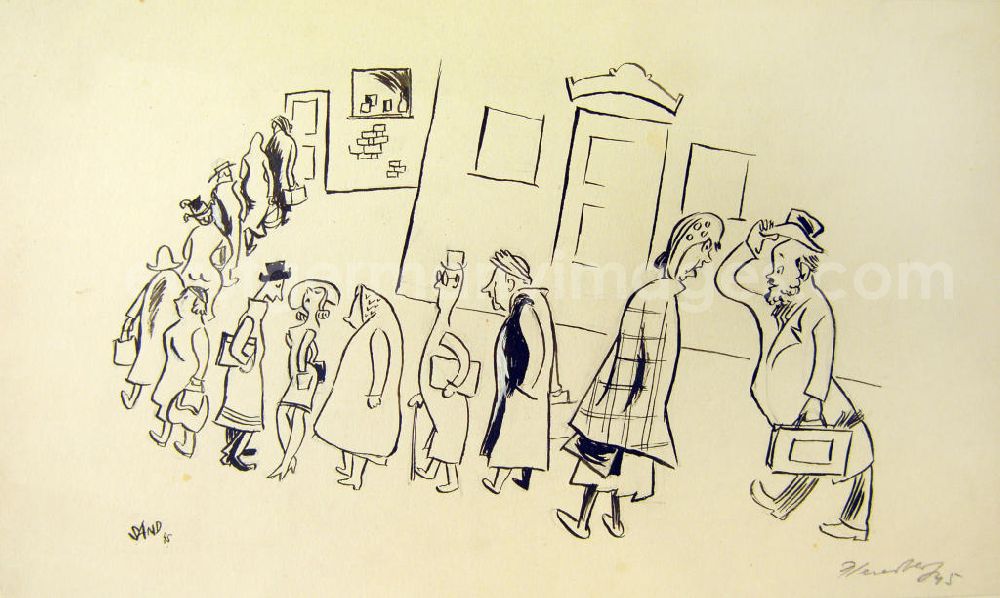 GDR photo archive: Berlin - Zeichnung von Herbert Sandberg aus dem Jahr 1945, 24,5x16,2cm Feder, handsigniert. Eine Schlange von Menschen unterschiedlichen Alters steht vor einem Haus, die Dame und der Herr mit Aktenkoffer und Hut am Ende der Schlange grüßen sich.