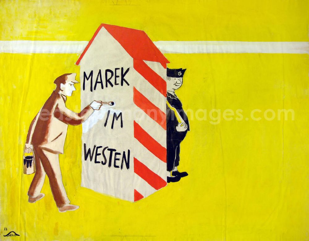 GDR photo archive: Berlin - Zeichnung von Herbert Sandberg Marek im Westen aus dem Jahr 1952, 61,7x47,5cm Pinsel, handsigniert. Gelber Hintergrund, ein Wachhaus in rot-weiß; davor: eine Person in brauner Kleidung hält in der linken Hand einen Farbeimer, in der rechten Hand einen Pinsel, diese Person schreibt „Marek im Westen“ an die Wachhausrückseite; hinter dem Wachhaus: eine Person in schwarzer Kleidung mit Mütze und Gewehr.