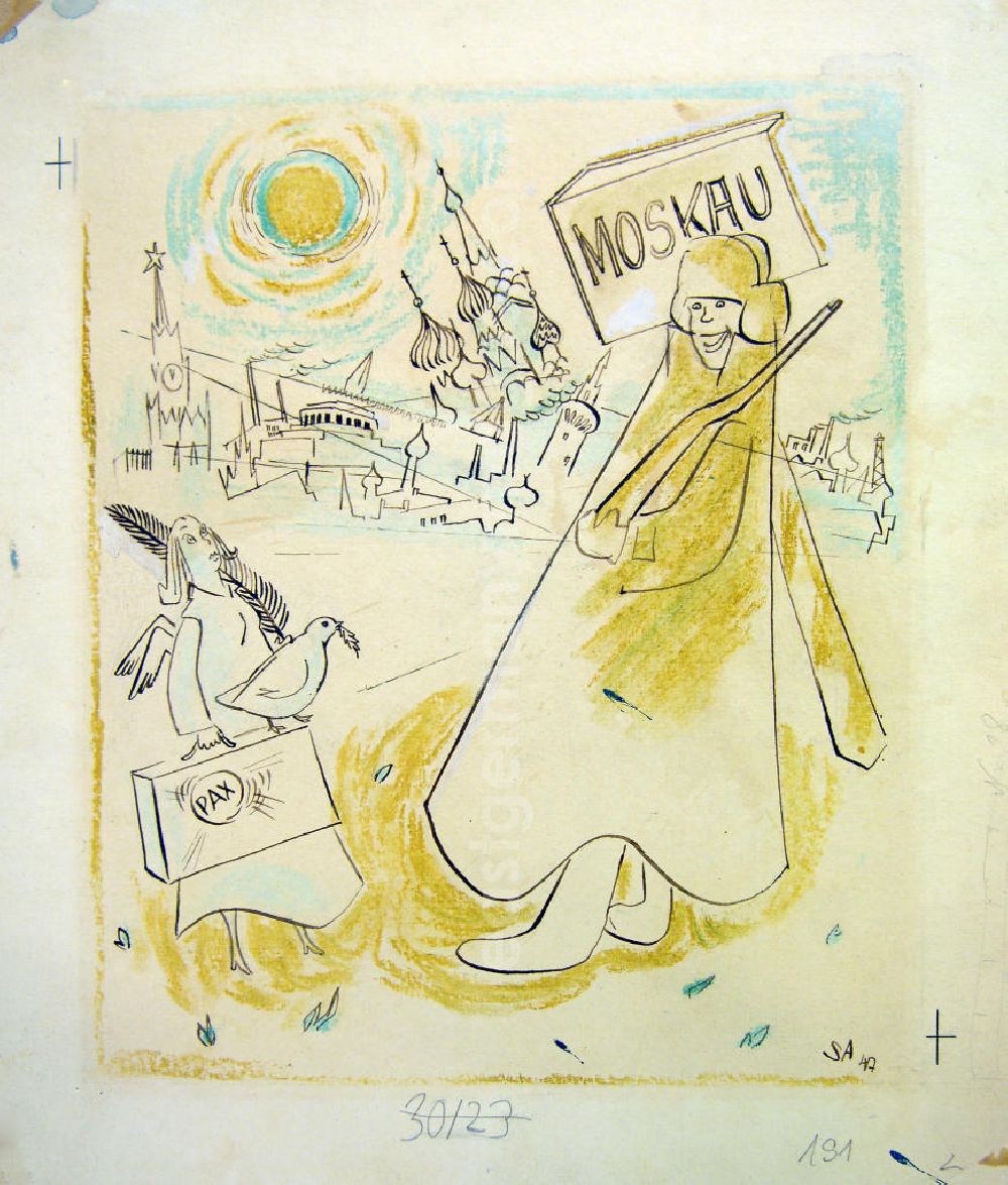 GDR image archive: Berlin - Zeichnung von Herbert Sandberg Moskau, Pax aus dem Jahr 1947, 24,0x30,