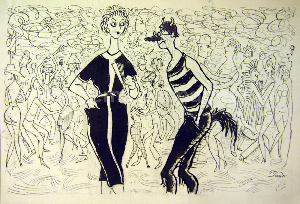 GDR image archive: Berlin - Zeichnung von Herbert Sandberg Nanu, ohne Kostüm? aus dem Jahr 1957, 34,5x23,5cm Feder und Pinsel, handsigniert. Menschen sind verkleidet und tanzen miteinander; im Vordergrund: eine Dame mit Fächer und ein Mann mit langer Nase, Hörnern, Schwanz unterhalten sich; Bildschrift: -Nanu, ohen Kostüm?, -Ach, ich bin vom Modeinstitut, da muss ich mich doch täglich verkleiden!.