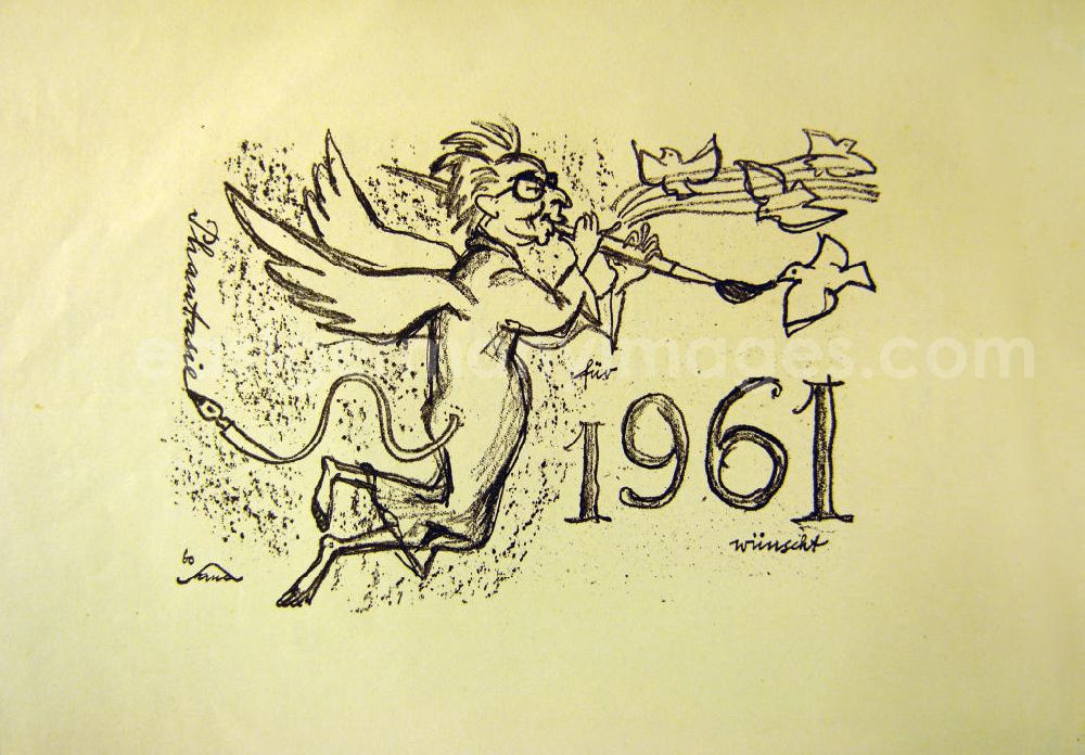 GDR photo archive: Berlin - Zeichnung von Herbert Sandberg Phantasie für 1961 wünscht aus dem Jahr 1960, 19,0x13,