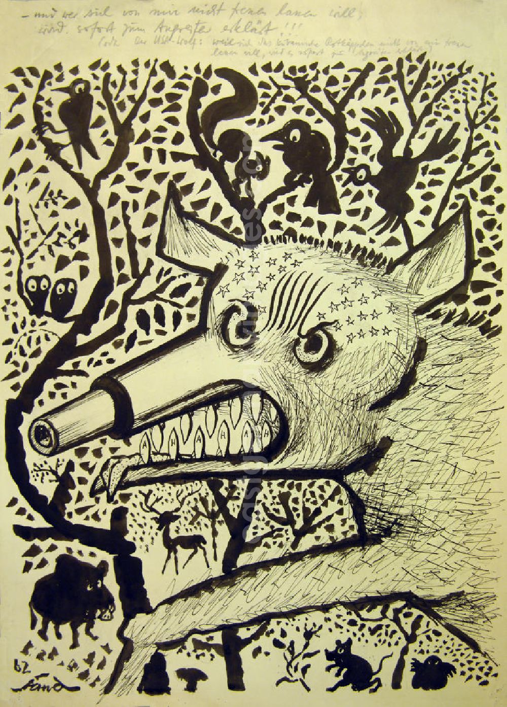 GDR image archive: Berlin - Zeichnung von Herbert Sandberg Der USA-Wolf aus dem Jahr 1962, 30,5x43,