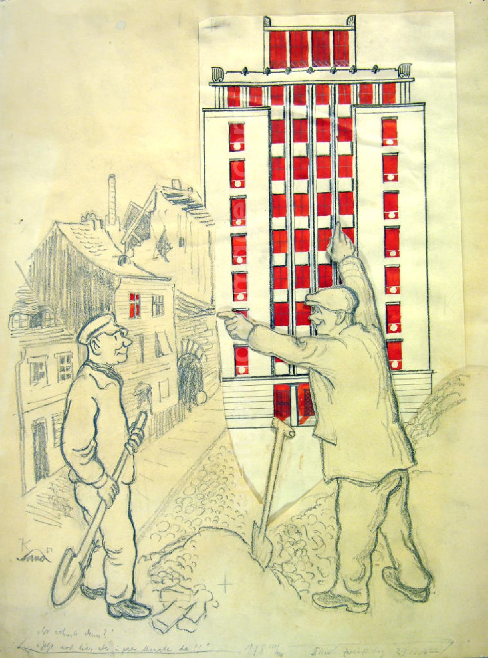 GDR photo archive: Berlin - Zeichnung von Herbert Sandberg Weberwiese aus dem Jahr 1951, 38,0x49,