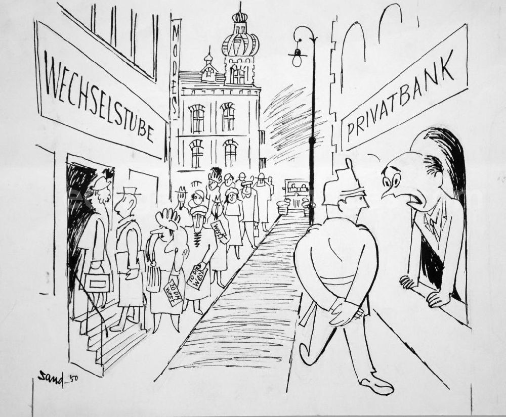 GDR photo archive: Berlin - Zeichnung von Herbert Sandberg Wechselstube und Privatbank aus dem Jahr 1950, 21,8x2