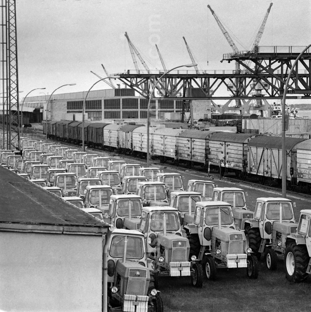 GDR photo archive: Rostock - Stored for loading and export in port Traktor Fortschritt ZT 30