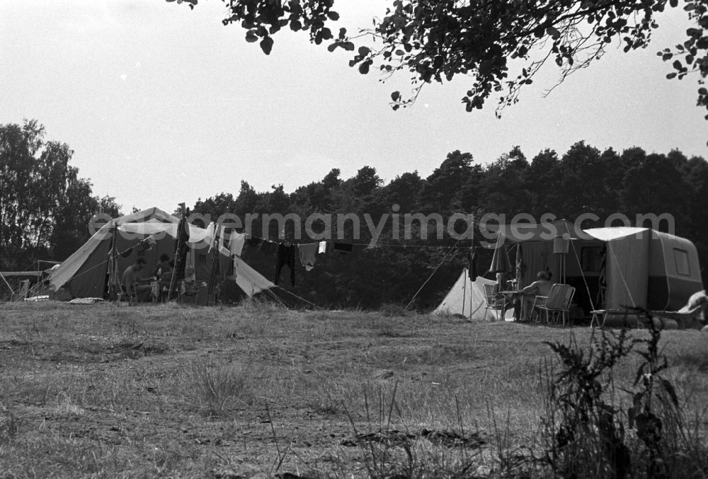 Neuruppin OT Stendenitz: Two campers from their tents in Brandenburg. In between a clothesline was stretched. Family camping holidays at Rottstielfließ on Tornowsee in Brandenburg