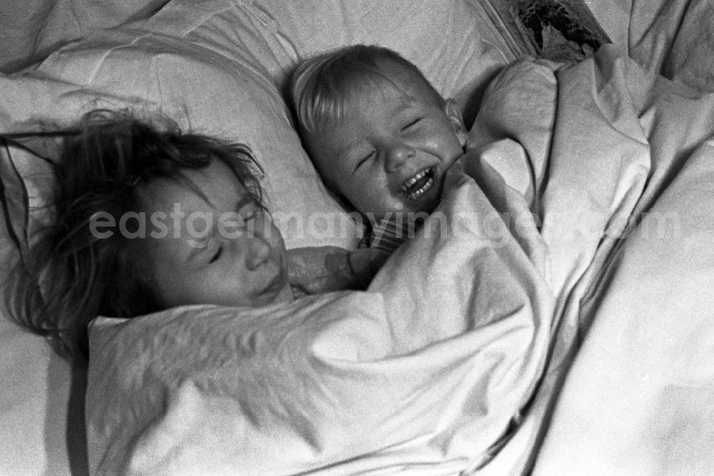 Merseburg: Two small children lie laughing in the bed of the parents and look to themselves children's books in in Merseburg in the federal state Saxony-Anhalt in Germany