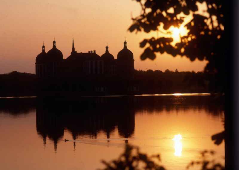 Night view of Moritzburg Castle in Moritzburg in Saxony. The hunting lodge received its present form in the 18th century under Augustus the Strong