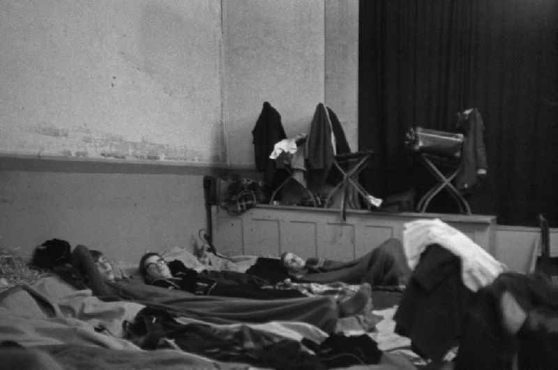 Modest overnight camp with straw loungers for students during harvesting in Werneuchen, Brandenburg in the area of ??the former GDR, German Democratic Republic