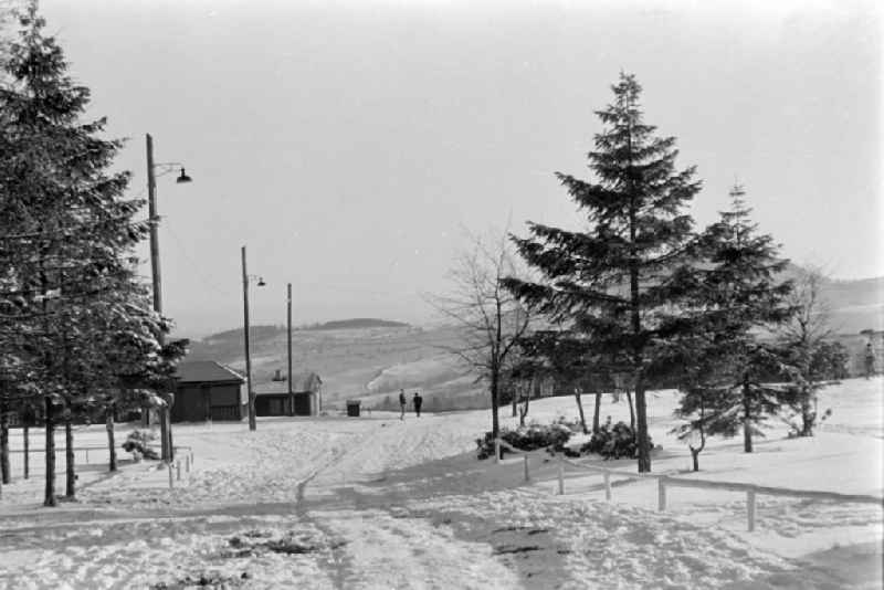 Summer camp operation with pupils and teenagers - covered in snow in winter in Altenberg, Saxony on the territory of the former GDR, German Democratic Republic