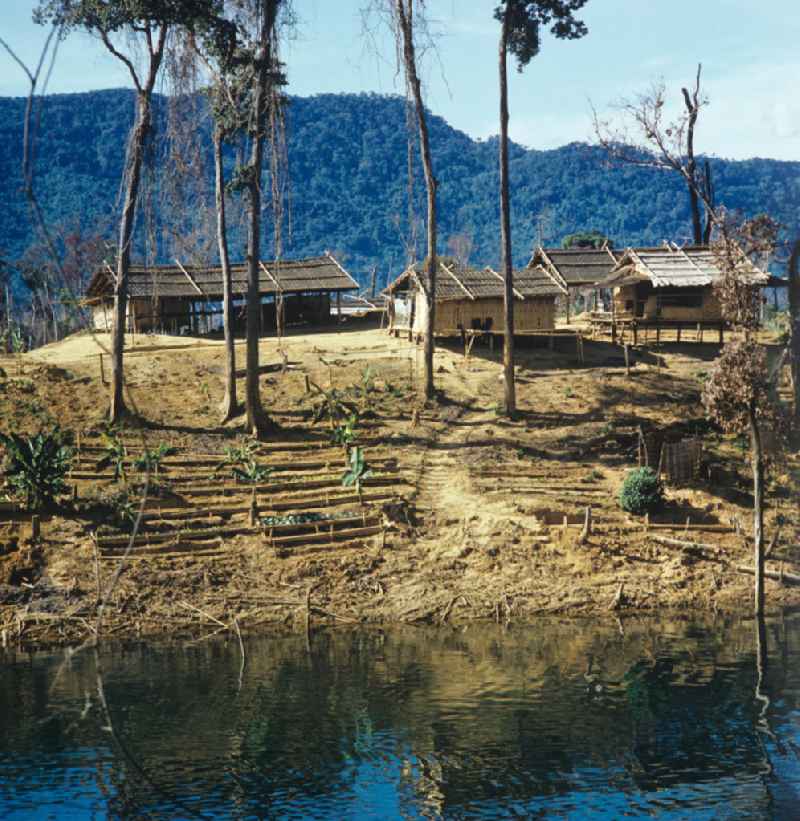Häuser auf Stelzen am Ufer des Nam-Ngum-Stausees in der Demokratischen Volksrepublik Laos. Das Nam Ngum Reservoir entstand mit der Fertigstellung des gleichnamigen Staudamms im Jahr 1971. Heute leben die Einheimischen v.a. vom Tourismus und von den Holzvorräten, die Anfang der 7